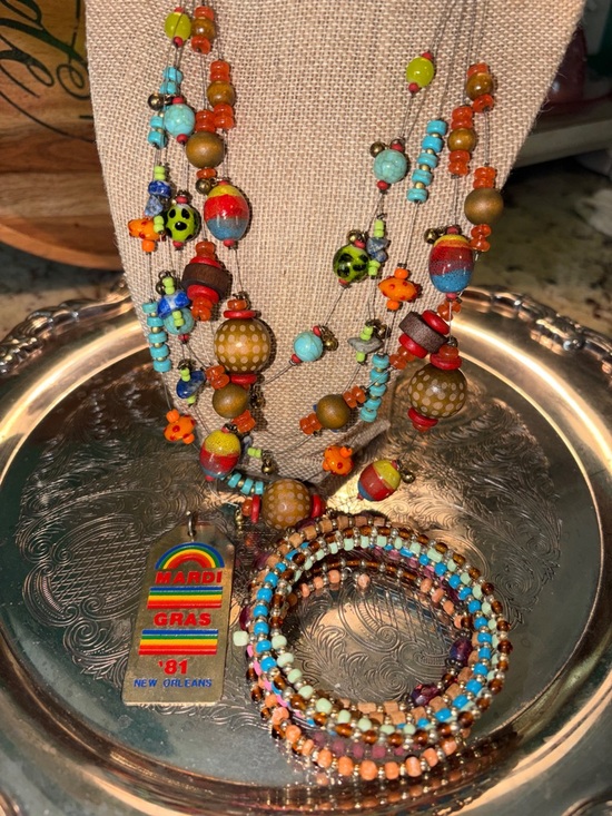 Jewelry - Colorful Beaded Multistrand Necklace and Bracelet Set - Turquoise, Orange, Red